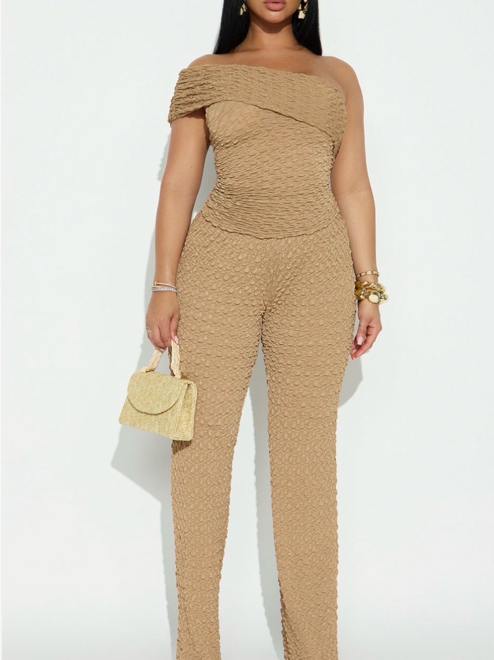 Fashion Nova One-Shoulder Textured Skinny Jumpsuit in Camel